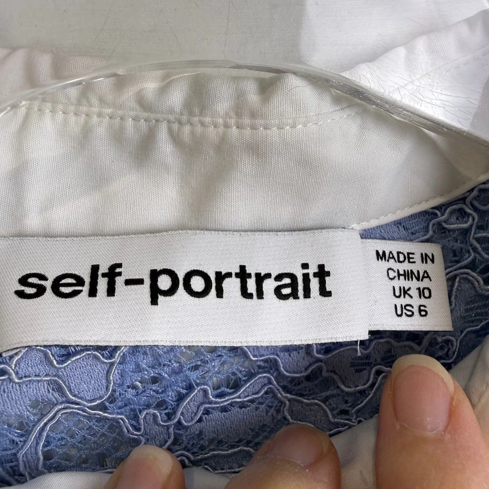 Self Portrait Blue Fine‎ Corded Lace Collared Button Up Shirt Top WOMEN 6 SHEER
